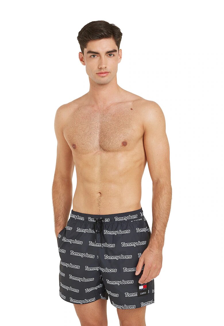 Tommy Hilfiger Pantaloni scurti de baie cu logo si talie ajustabila - Alb/Negru
