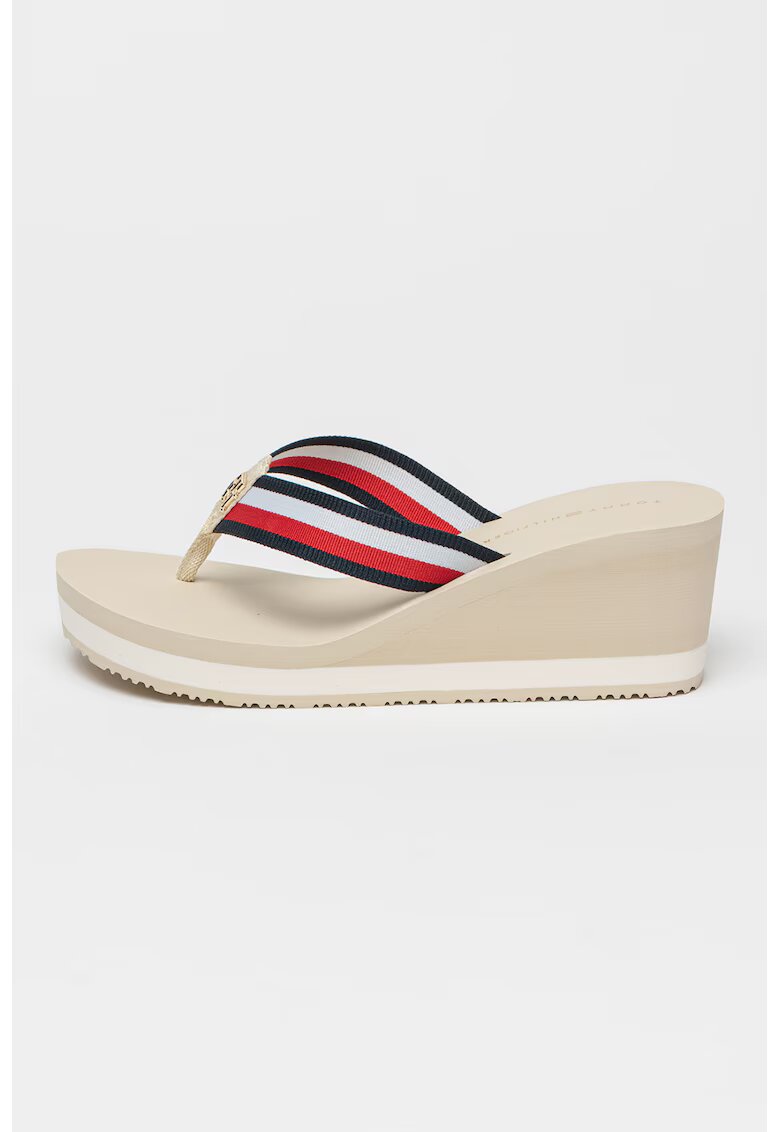Tommy Hilfiger Papuci flip-flop cu talpa wedge - Bej deschis/Bleumarin