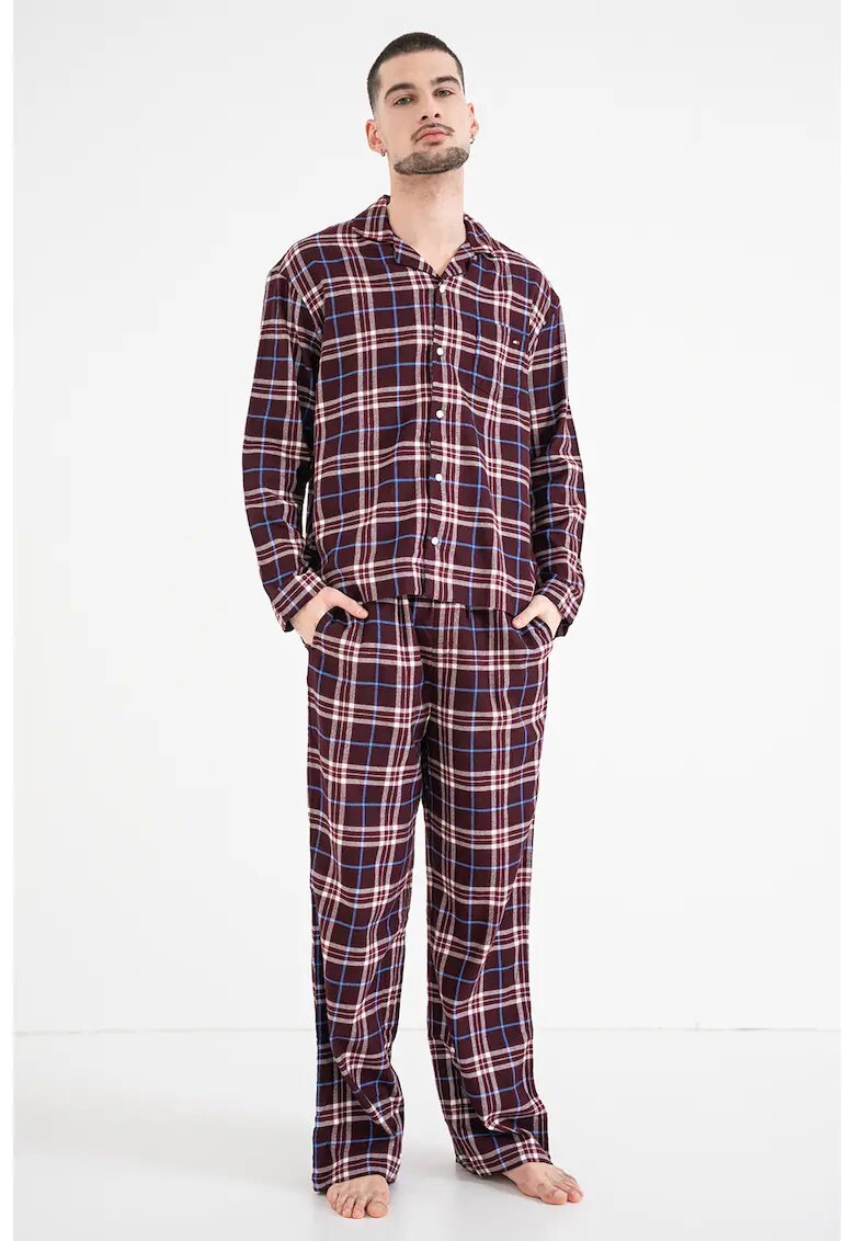 Tommy Hilfiger Pijama cu pantaloni lungi si model in carouri - Alb/Visiniu/Albastru deschis