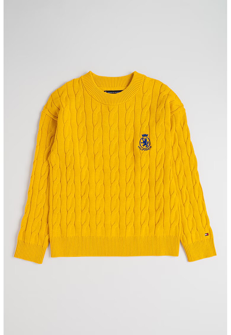 Tommy Hilfiger Pulover cu decolteu la baza gatului si broderie logo - Galben pai