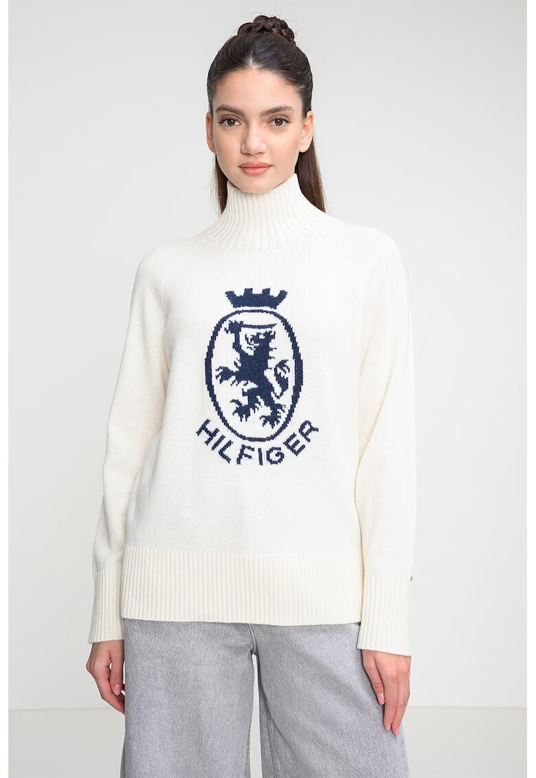 Tommy Hilfiger Pulover cu guler inalt si imprimeu - Alb murdar/Bleumarin
