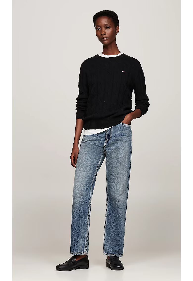 Tommy Hilfiger Pulover dama - negru - lana pura - tricot cu cablu - guler inalt