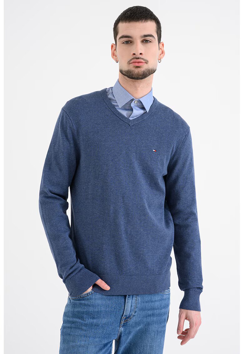 Tommy Hilfiger Pulover de bumbac cu decolteu in V - Albastru inchis