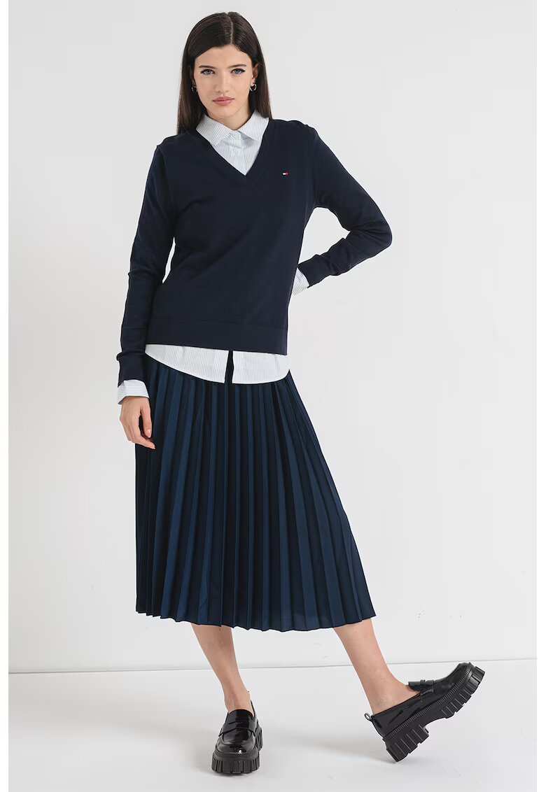 Tommy Hilfiger Pulover din amestec de bumbac organic cu decolteu in V - Albastru ultramarin
