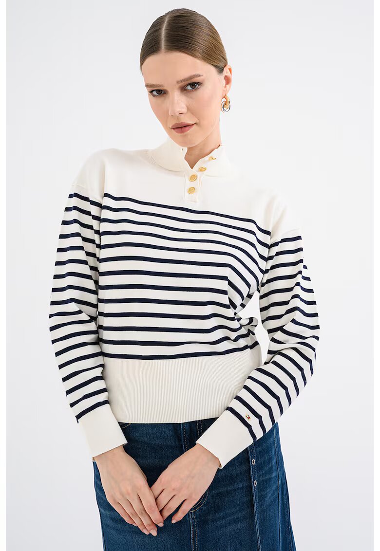 Tommy Hilfiger Pulover din amestec de bumbac organic cu fenta cu nasturi si dungi - Alb/Bleumarin