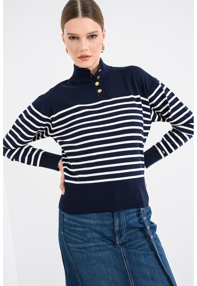 Tommy Hilfiger Pulover din amestec de bumbac organic cu fenta cu nasturi si dungi - Alb optic/Bleumarin