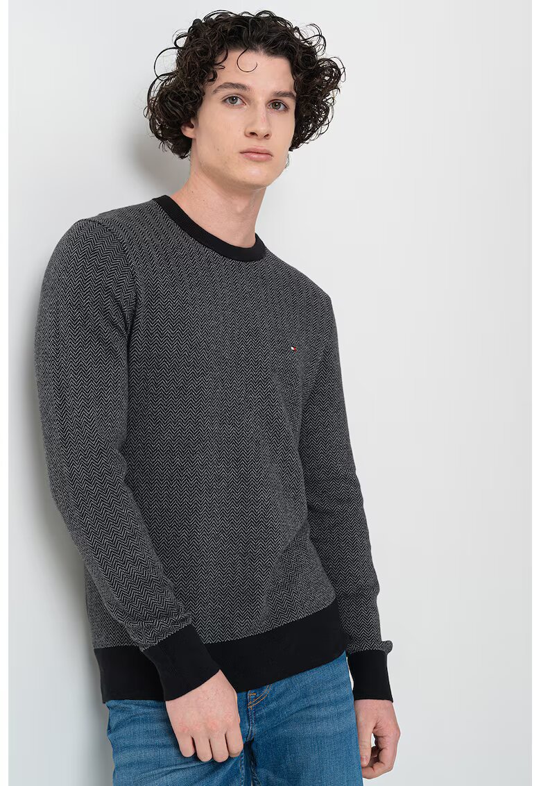 Tommy Hilfiger Pulover din amestec de bumbac organic cu model - Negru/Alb murdar