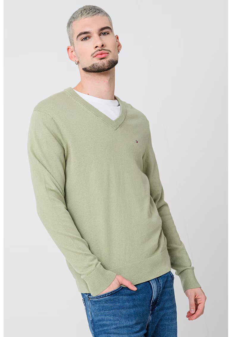 Tommy Hilfiger Pulover din amestec de bumbac si casmir cu decolteu in V - Verde sparanghel