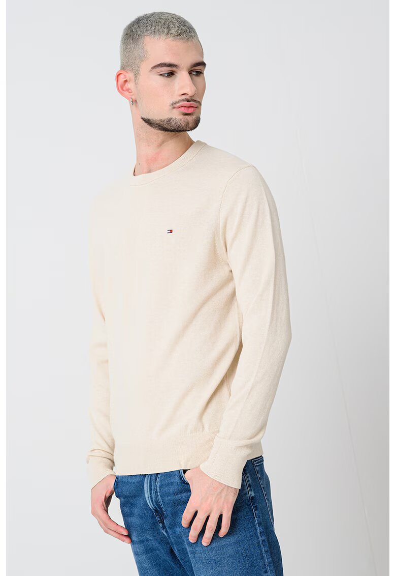 Tommy Hilfiger Pulover din amestec de casmir si bumbac organic cu decolteu la baza gatului - Bej