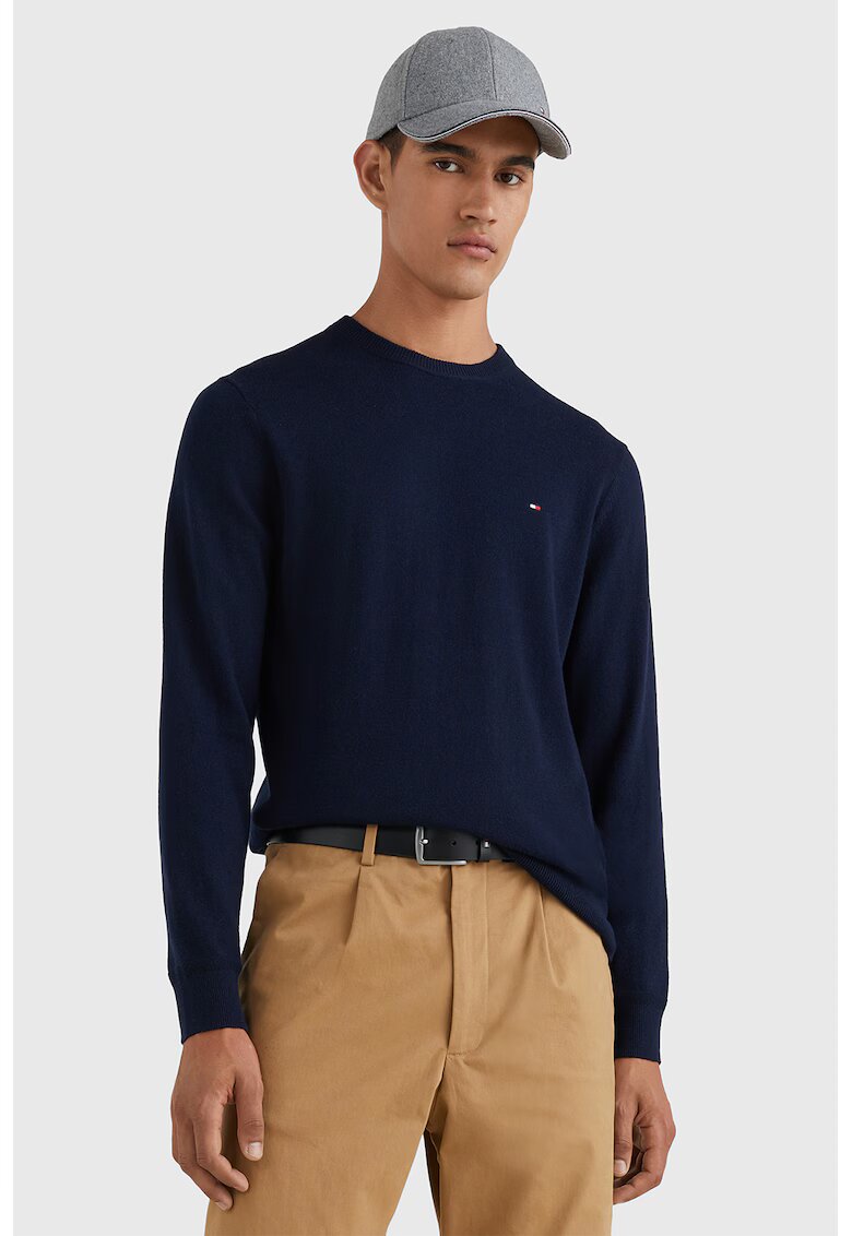 Tommy Hilfiger Pulover din amestec de casmir si bumbac organic cu decolteu la baza gatului - Bleumarin