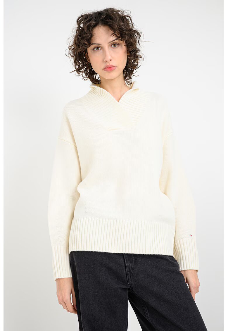 Tommy Hilfiger Pulover din lana cu detalii striate si maneci cazute - Crem