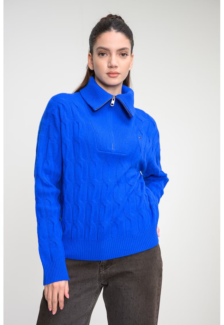Tommy Hilfiger Pulover din lana cu fermoar scurt si model torsade - Albastru royal