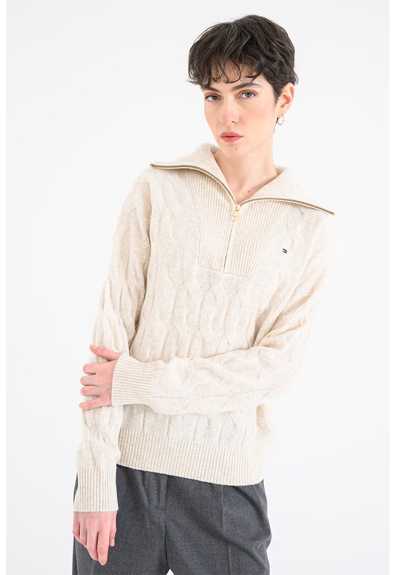Tommy Hilfiger Pulover din lana cu fermoar scurt si model torsade - Crem