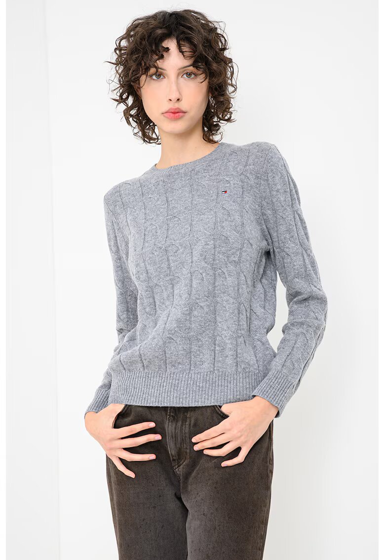 Tommy Hilfiger Pulover din lana cu guler rotund si model torsade - Gri inchis