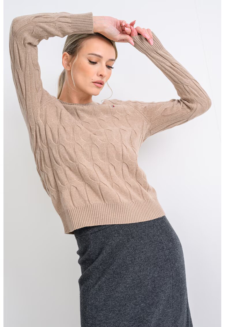 Tommy Hilfiger Pulover din lana cu guler rotund si model torsade - Maro nisip