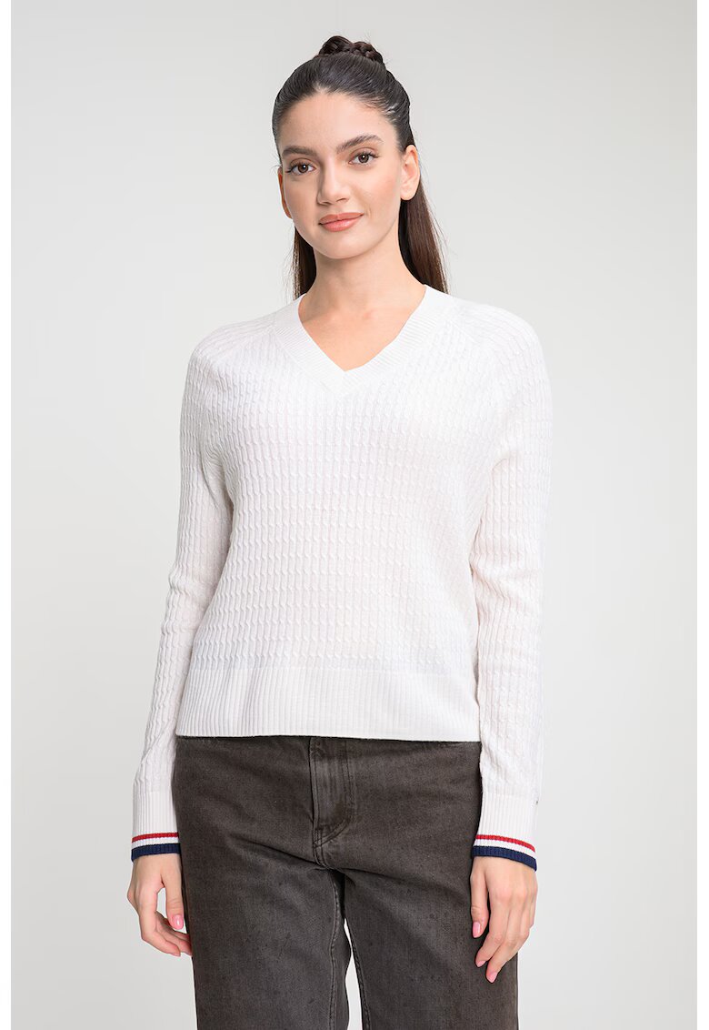 Tommy Hilfiger Pulover striat cu decolteu in V - Alb murdar