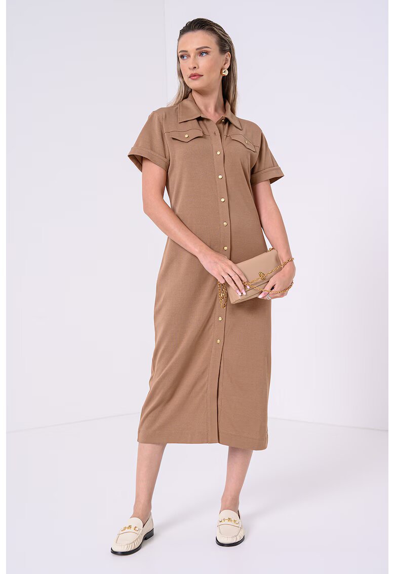 Tommy Hilfiger Rochie lunga dreapta cu nasturi - Maro deschis