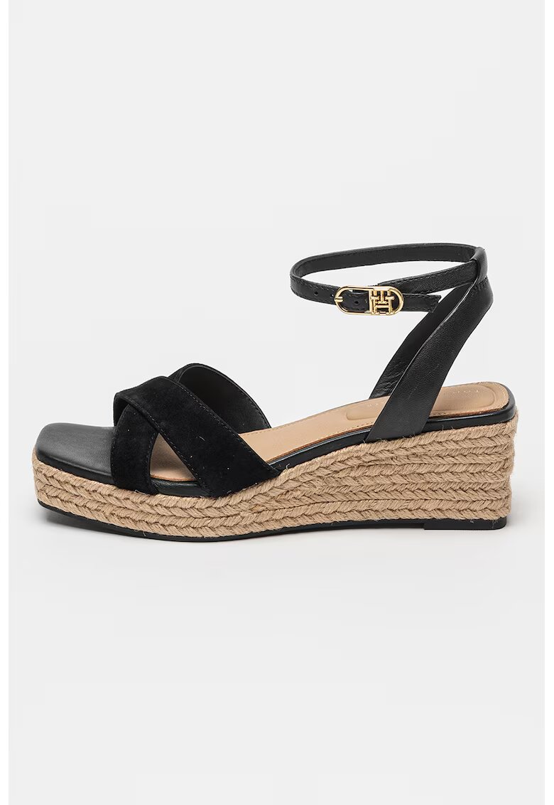 Tommy Hilfiger Sandale din piele si piele intoarsa cu talpa wedge - Negru