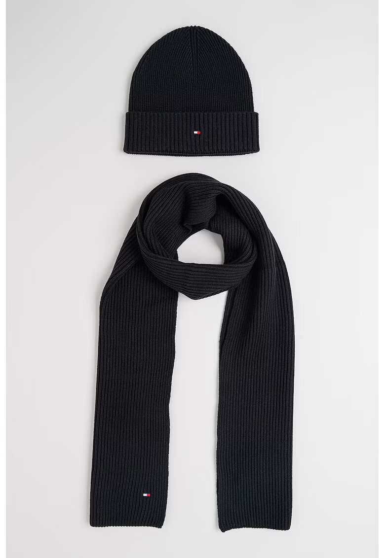 Tommy Hilfiger Set de caciula elastica si fular din amestec de casmir - Negru