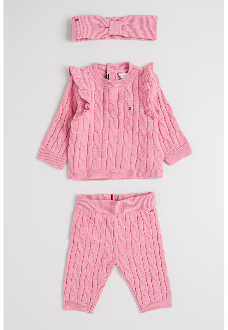 Tommy Hilfiger Set de imbracaminte cu model torsade si detaliu cu volan - 3 piese - Roz