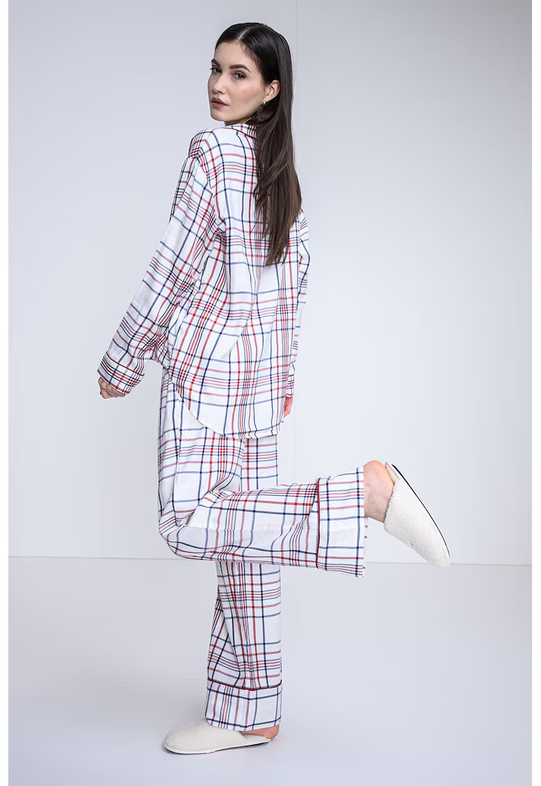 Tommy Hilfiger Set de pijama cu pantaloni lungi - model in carouri si papuci - Visiniu/Albastru inchis/Alb murdar