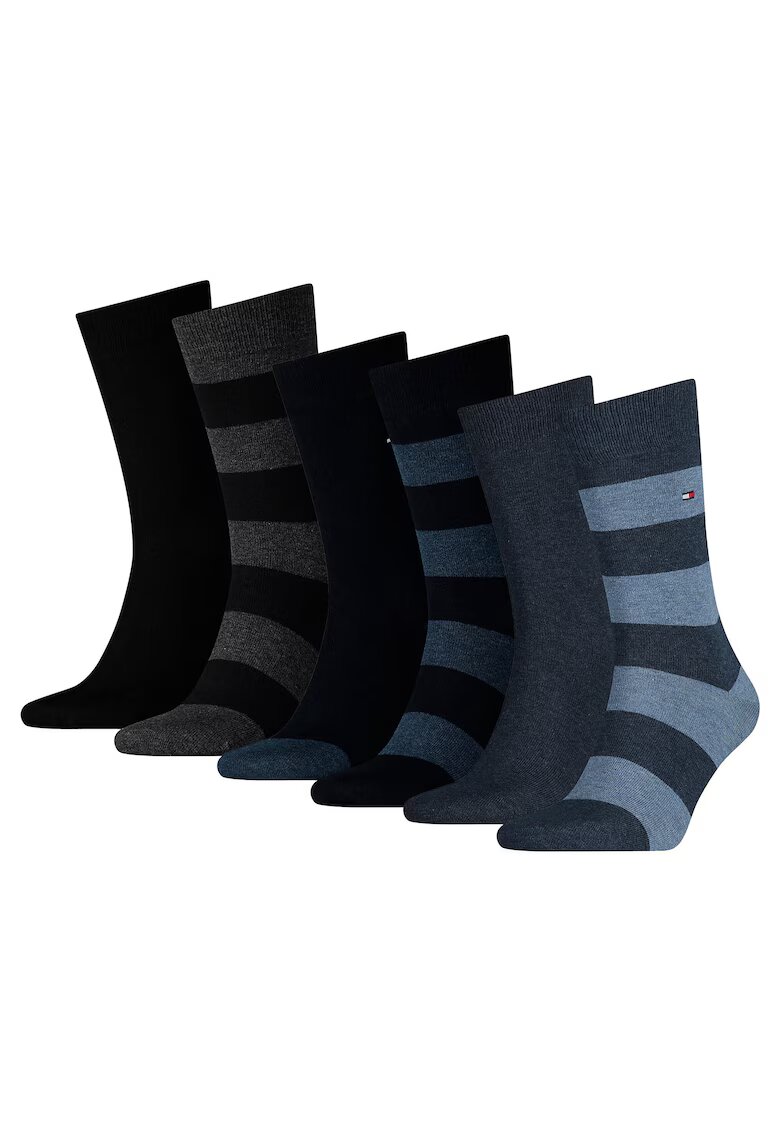 Tommy Hilfiger Set de sosete lungi cu dungi - 6 perechi - Negru/Albastru inchis