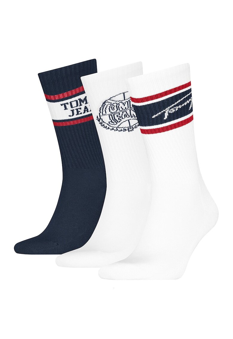 Tommy Hilfiger Set de sosete lungi unisex din amestec de bumbac - 3 perechi - Rosu/Alb optic/Bleumarin