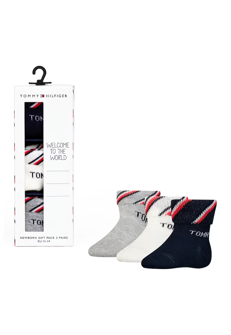 Tommy Hilfiger Set de sosete scurte cu detaliu logo - 3 perechi - Gri/Bleumarin