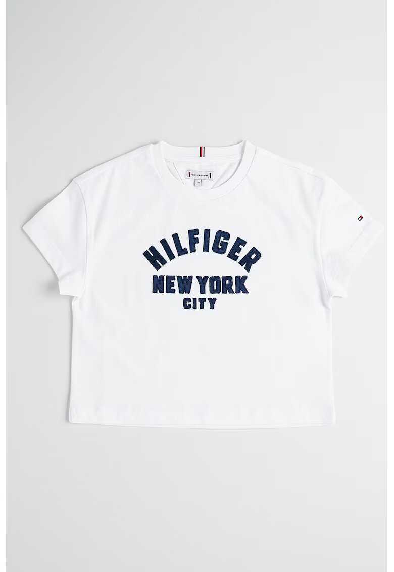 Tommy Hilfiger Tricou crop cu text brodat - Albastru ultramarin/Alb optic