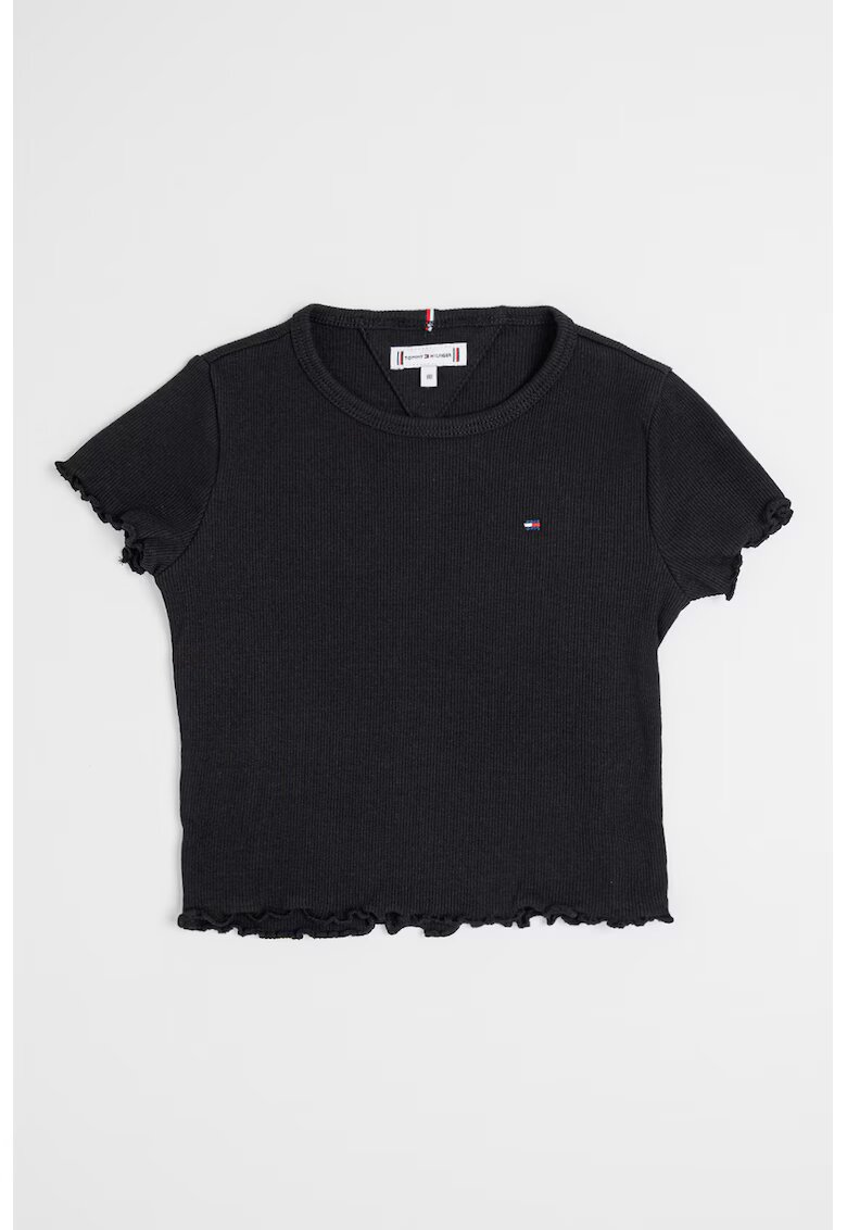 Tommy Hilfiger Tricou crop slim fit cu terminatii valurite - Negru