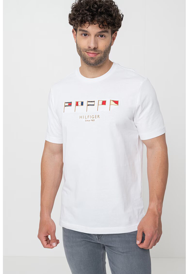 Tommy Hilfiger Tricou cu decolteu la baza gatului si detalii brodate - Rosu/Maro deschis/Alb optic