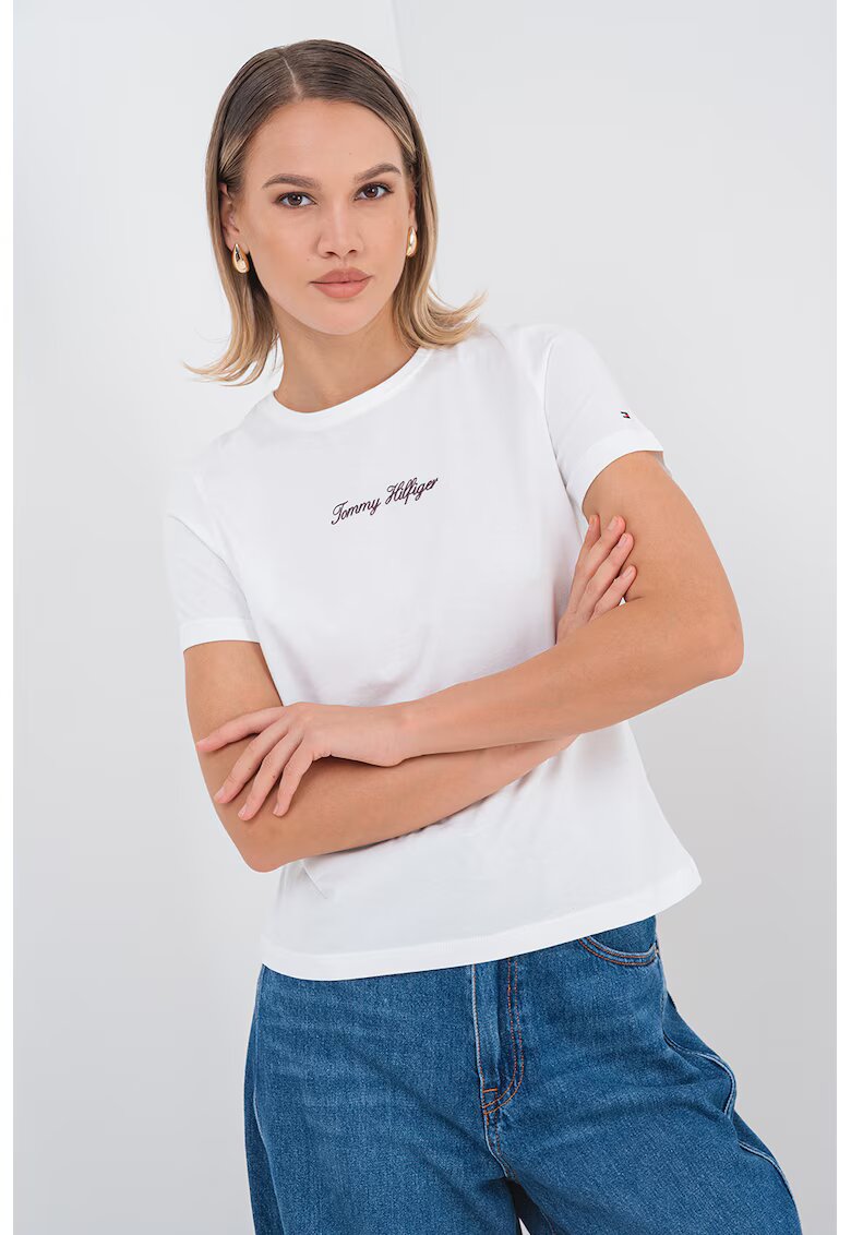 Tommy Hilfiger Tricou cu decolteu la baza gatului si imprimeu logo - Alb