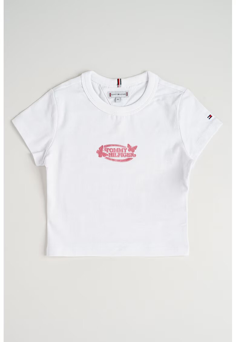 Tommy Hilfiger Tricou cu decolteu la baza gatului si imprimeu logo - Alb optic/Roz