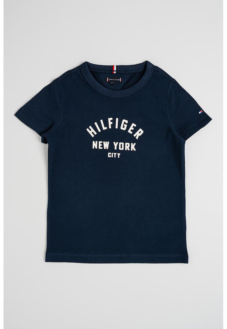 Tommy Hilfiger Tricou cu decolteu la baza gatului si imprimeu logo - Albastru inchis/Alb murdar
