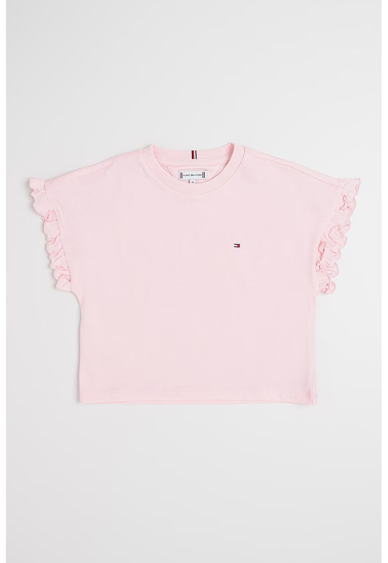 Tommy Hilfiger Tricou cu decolteu la baza gatului si terminatii cu volane Essential - Roz pastel