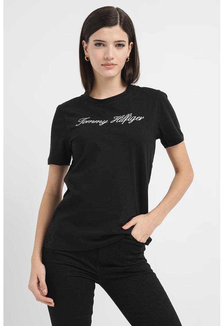 Tommy Hilfiger Tricou de bumbac organic cu broderie logo - Alb/Negru