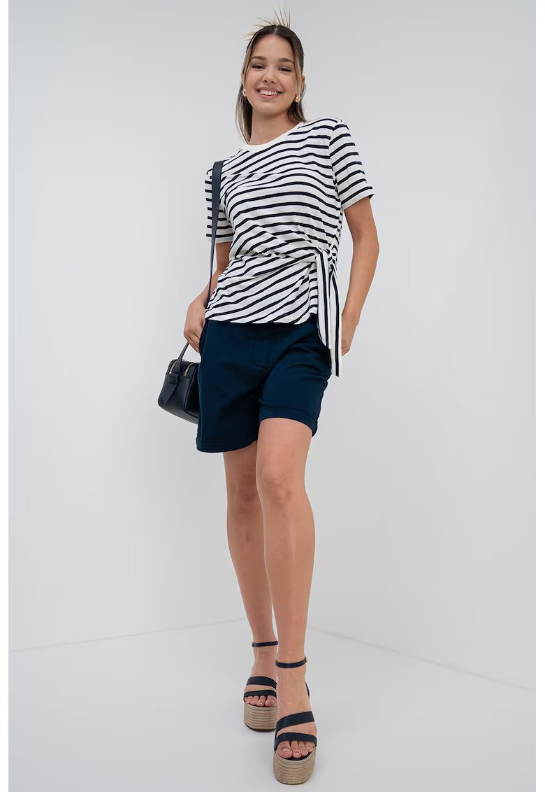 Tommy Hilfiger Tricou de bumbac organic cu nod lateral - Alb murdar/Bleumarin