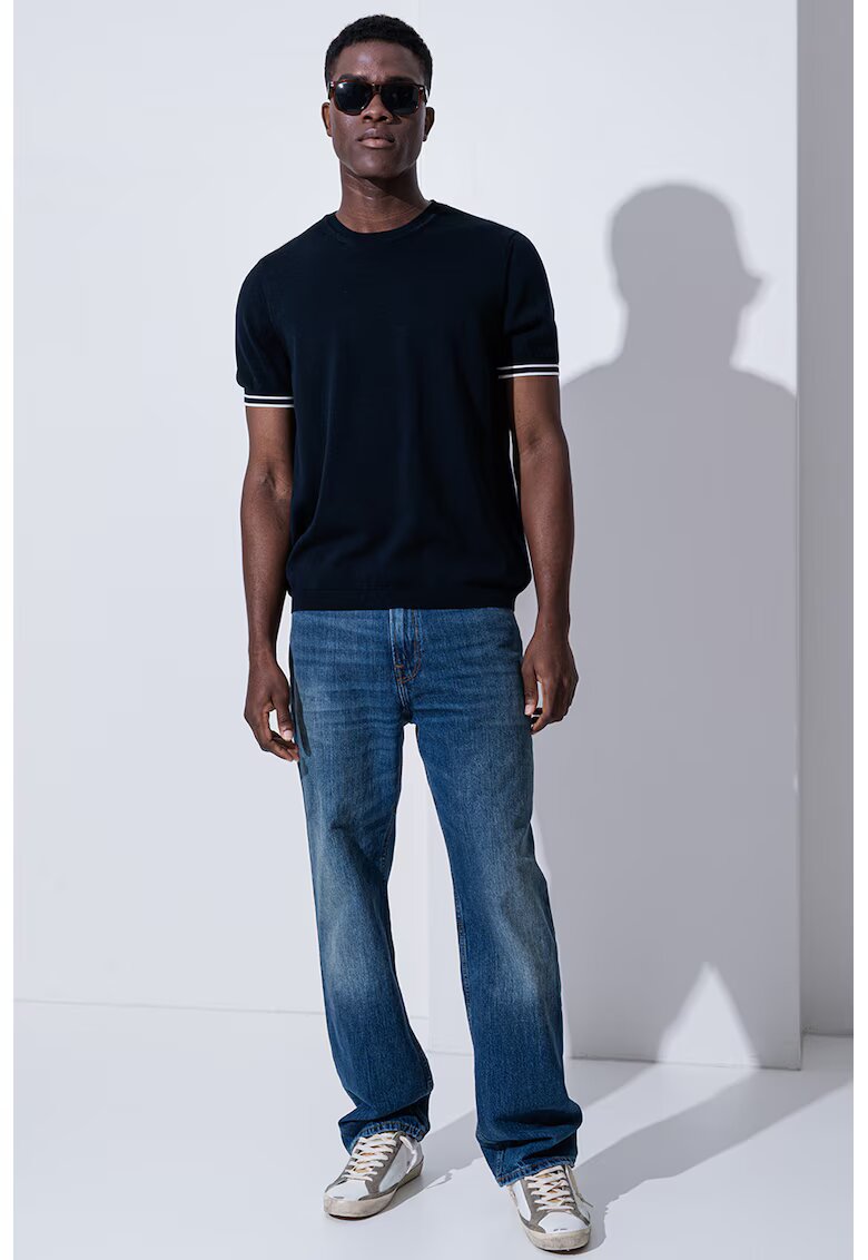 Tommy Hilfiger Tricou din bumbac cu decolteu la baza gatului - Alb murdar/Bleumarin