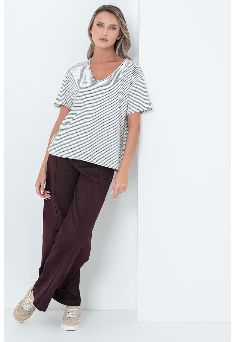 Tommy Hilfiger Tricou lejer din amestec de in cu model in dungi si decolteu in V - Negru/Alb murdar