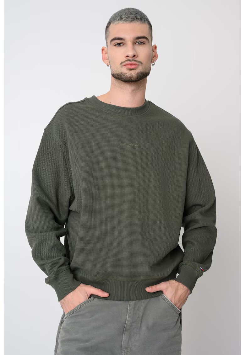 Tommy Jeans Bluza de trening texturata cu decolteu la baza gatului - Verde sparanghel