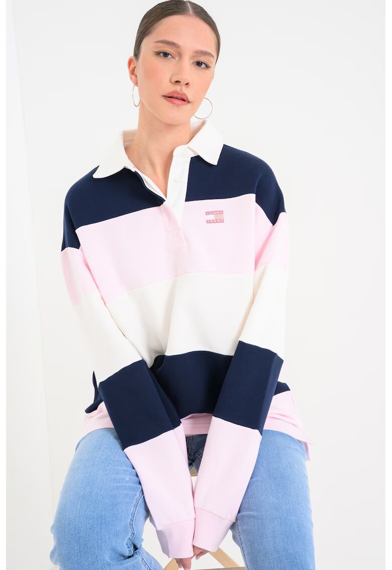 Tommy Jeans Bluza polo de trening din bumbac - Roz deschis/Bleumarin