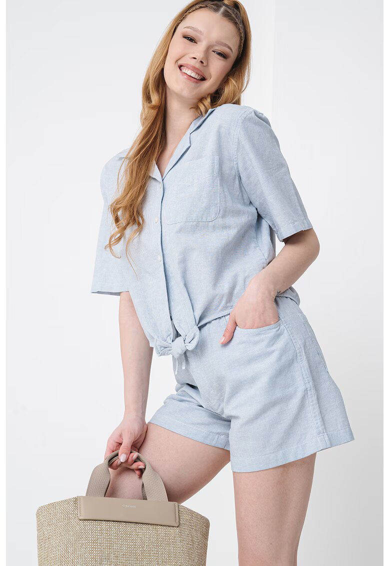 Tommy Jeans Camasa crop din amestec de in - Alb/Albastru pastel