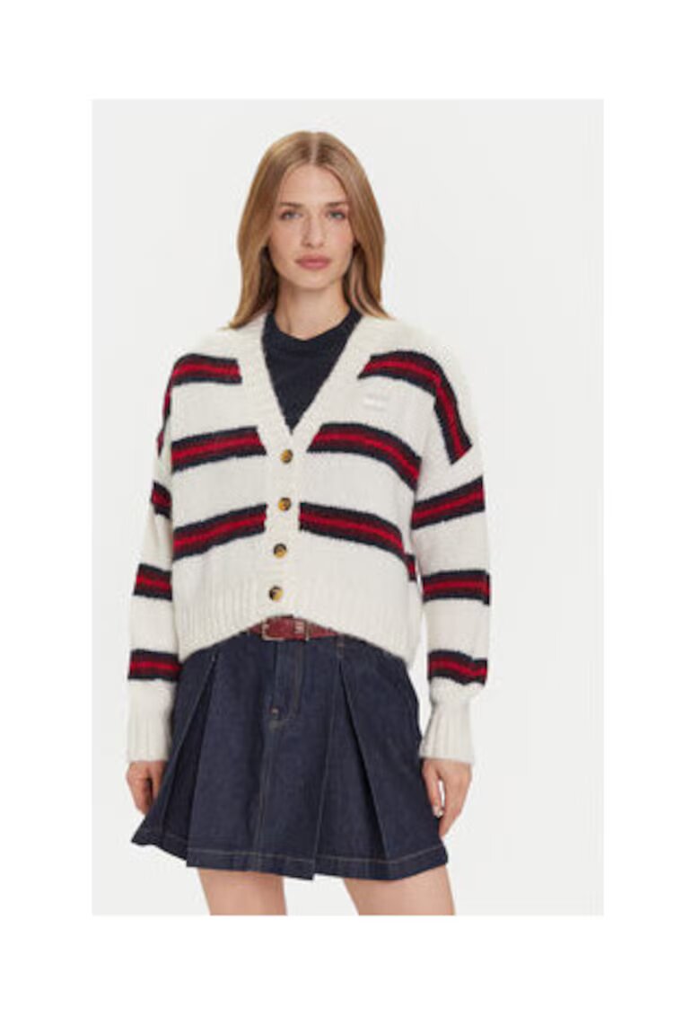 Tommy Jeans Cardigan dama - Ecru - 69% acril reciclat - 23% poliester reciclat - 8% lana de alpaca - Rosu/Ecru/Bleumarin