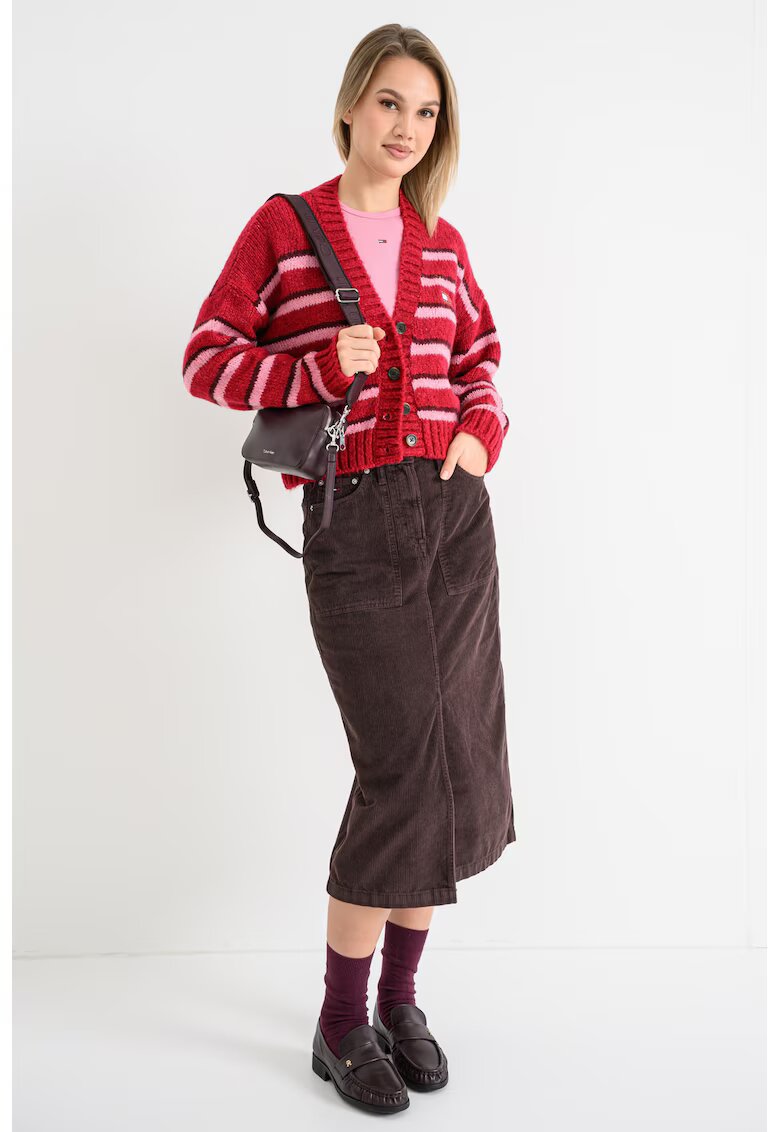 Tommy Jeans Cardigan lejer cu model in dungi si decolteu in V - Rosu/Maro cognac/Roz