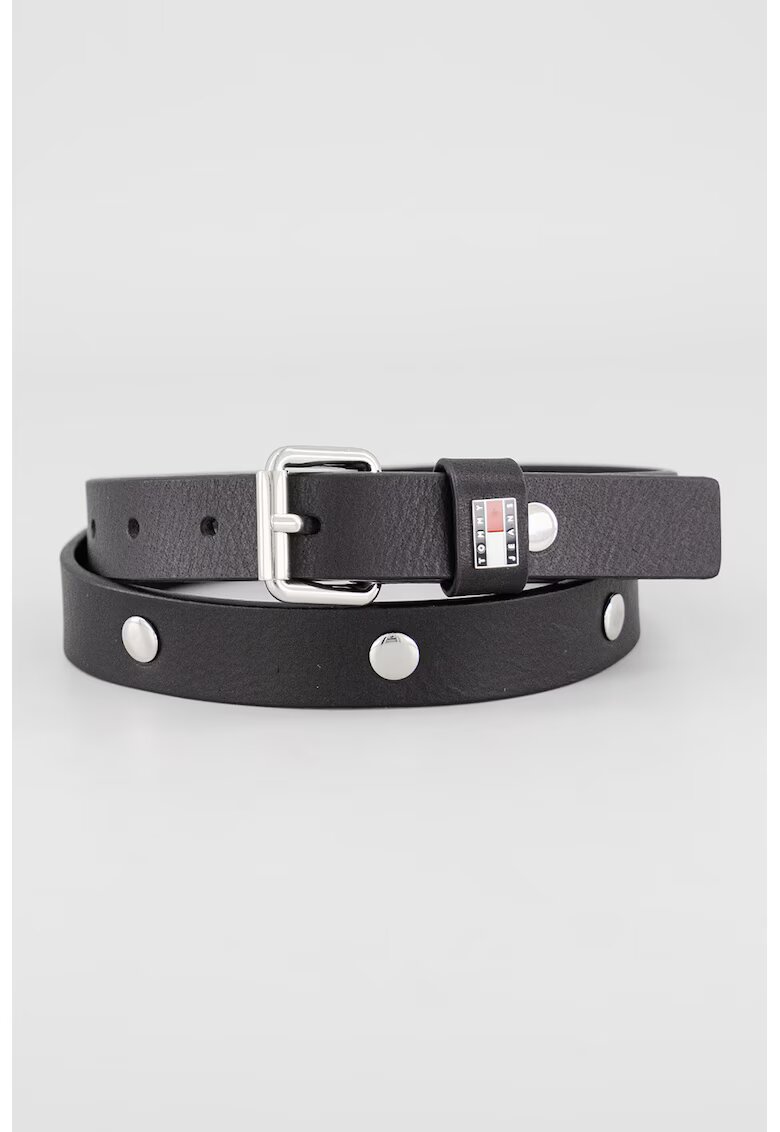 Tommy Jeans Curea ingusta din piele cu aplicatie logo metalica - Negru