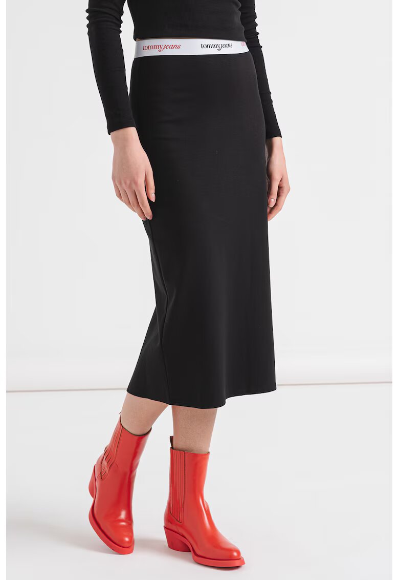 Tommy Jeans Fusta cu talie inalta - slit pe partea din spate si banda logo in talie - Negru