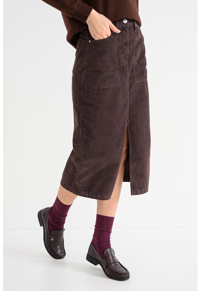 Tommy Jeans Fusta midi dreapta cu aspect de catifea si slit frontal - Maro inchis
