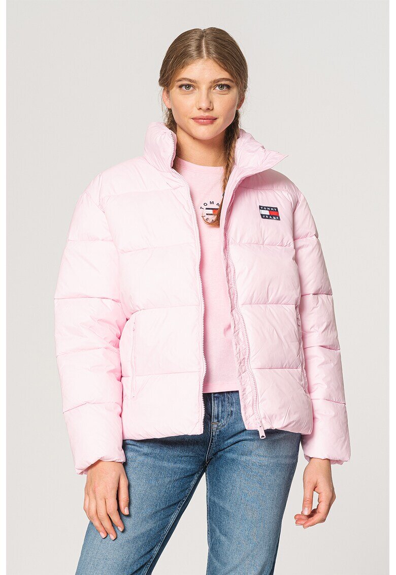 Tommy Jeans Geaca matlasata cu broderie logo - Roz pastel