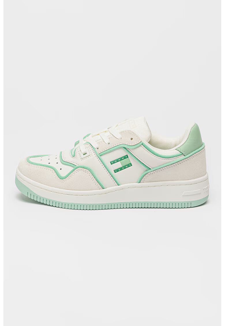 Tommy Jeans Pantofi sport de piele si piele intoarsa - Alb murdar/Verde menta