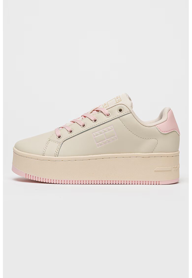 Tommy Jeans Pantofi sport flatform din piele cu detalii din piele ecologica - Maro taupe deschis/Roz